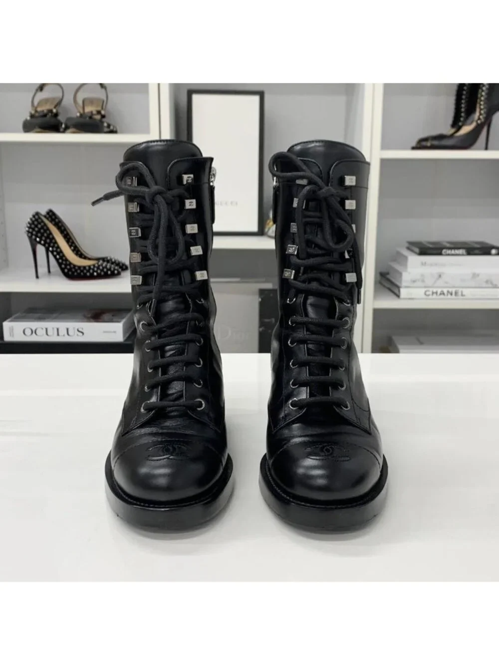 Chanel CC Logo Leather Lace-up Short Boots Black